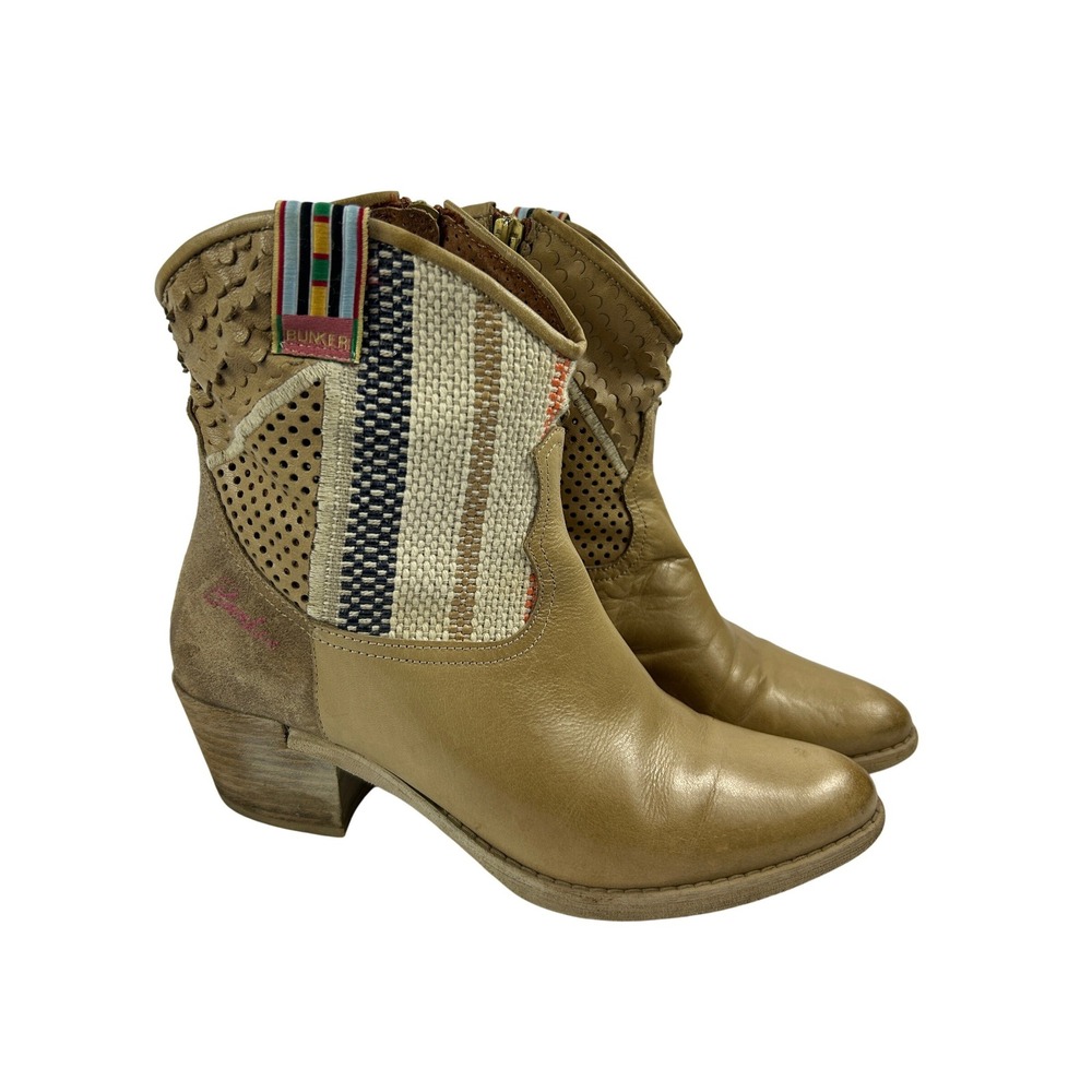 Cowboy Ankle Boots Bunker Tan Leather Boho Western‎ Festival Boots Size 38